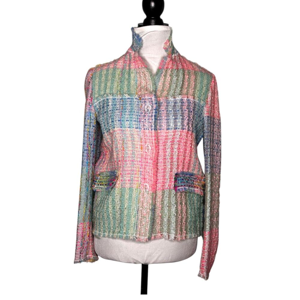 Balmain Paris Rare Vintage Tweed Blazer Pastel Multicolor Pink Blue Green Size 6